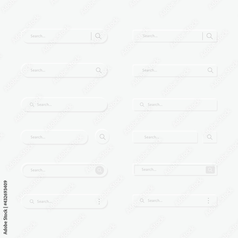 Search Bar for UI UX, design vector template. Search address and navigation bar icon for websites or ui app. Search bar UI kits design with Neumorphism style Search Bar for UI UX, design vector template. Search address and navigation bar icon for websites or ui app. Search bar UI kits design with Neumorphism style