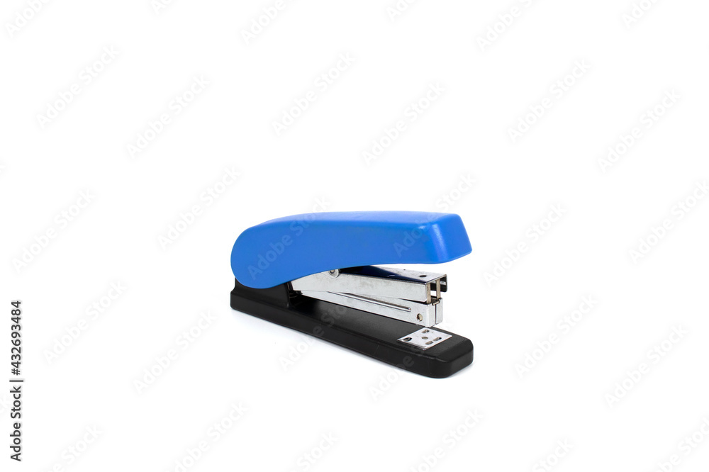 A blue stapler placed on a white background Used for stapling paper or various documents into sets for easy storage. A blue stapler placed on a white background Used for stapling paper or various documents into sets for easy storage.