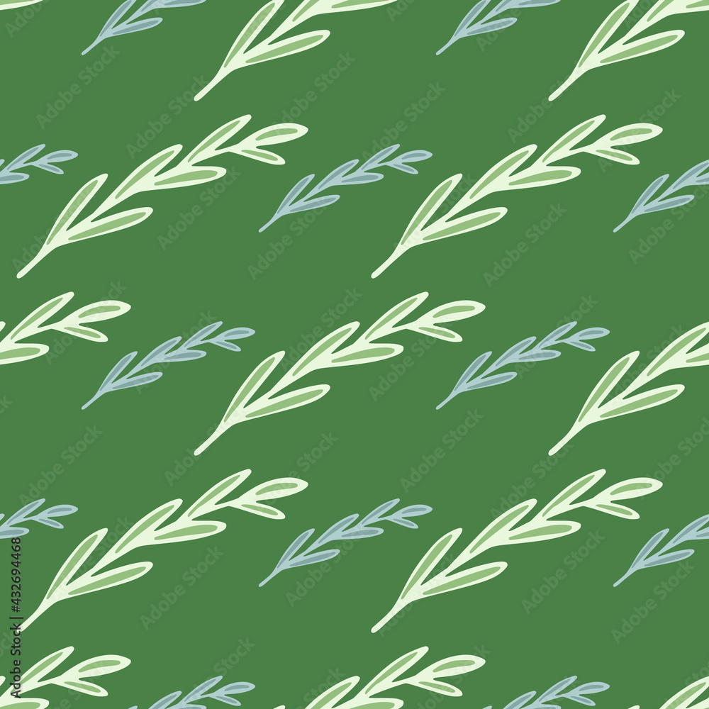 Outline leaves branches elements seamless pattern in simple style. Green background. Doodle backdrop.