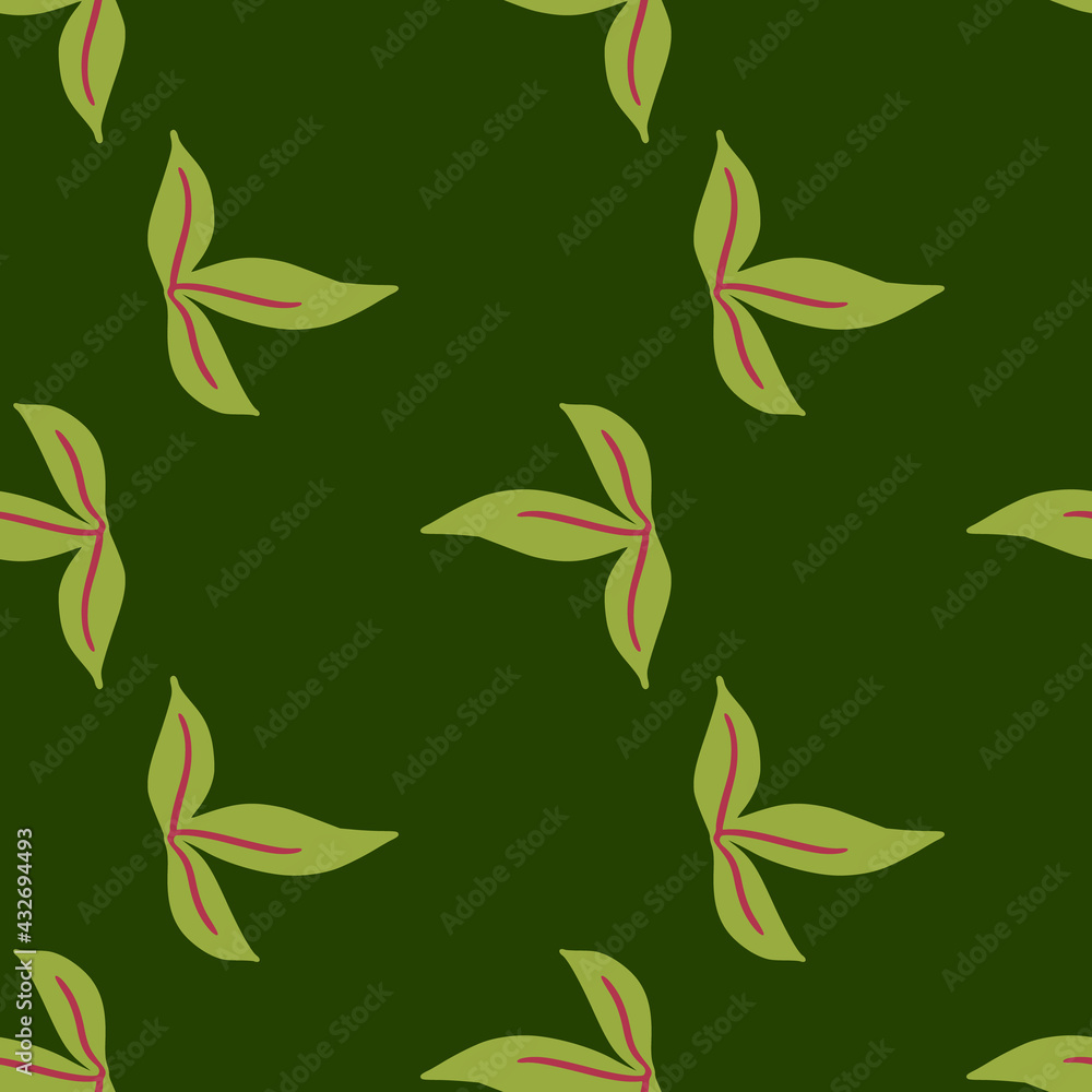 Herbal seamless pattern with hand drawn simple leaf ornament. Dark green background.