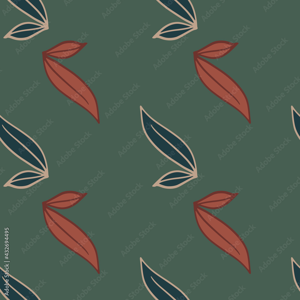 Minimalistic dark tones seamless doodle pattern with navy blue and orange colored leaf ornament. Green background. Minimalistic dark tones seamless doodle pattern with navy blue and orange colored leaf ornament. Green background.