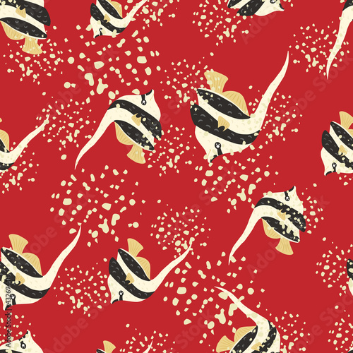 Exotic seamless pattern with abstract imperial angelfish ornament. Red background with splashes.