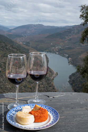 Tasting of Portuguese red dry wine, produced in Douro Valley with goat and sheep cheese and Douro river and terraced vineyards on background in autumn, Portugal