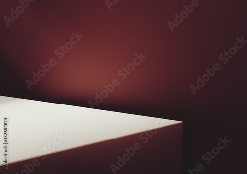 3D illustration of light brown wooden board corner and burgundy red wall.
