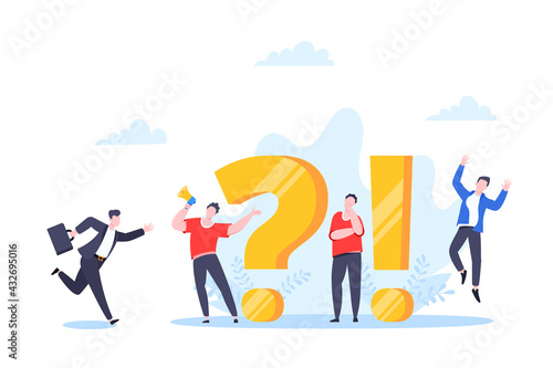Q and A or FAQ concept with tiny people characters, big question and exclamation mark, frequently asked questions template. Answers business support concept flat style design vector illustration.