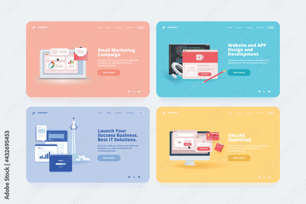 Set of web design templates. Vector illustration concepts of website or landing page design for email marketing, startup, e-commerce and online shopping, SEO, web design and development. Set of web design templates. Vector illustration concepts of website or landing page design for email marketing, startup, e-commerce and online shopping, SEO, web design and development.