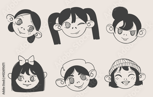 A set of six images of cartoon girls faces. A variety of vector hand-drawn cute icons for social media, avatars, profile pictures. Fashionable girls with hairstyles. Monochrome graphics from lines.