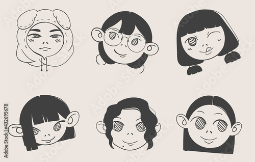 A set of six images of cartoon girls faces. A variety of vector hand-drawn cute icons for social media, avatars, profile pictures. Fashionable girls with hairstyles. Monochrome graphics from lines.