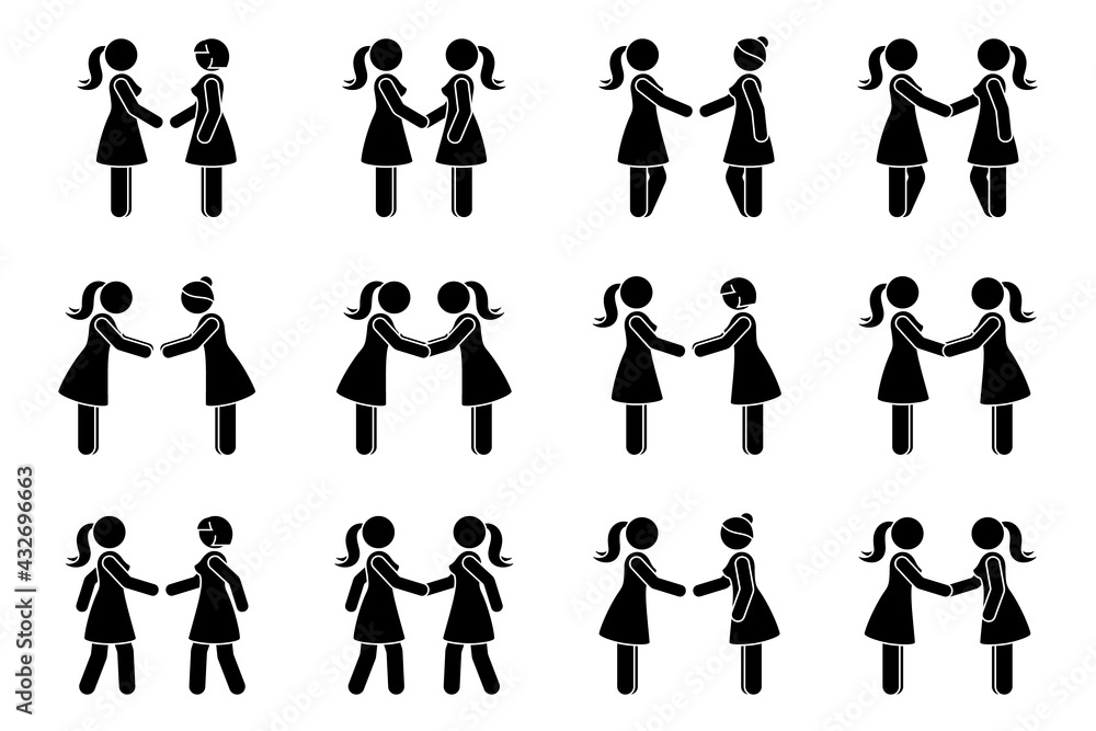 Handshake stick figure woman side view poses postures vector illustration set. Stick female business partners at meeting deal agreement silhouette pictogram on white Handshake stick figure woman side view poses postures vector illustration set. Stick female business partners at meeting deal agreement silhouette pictogram on white