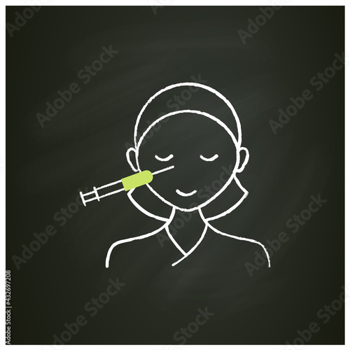 Cosmetic injection chalk icon.Woman doing injection into nose. Nose lifting.Rejuvenation. Full syringe. Beauty cosmetic procedure concept. Isolated vector illustration on chalkboard