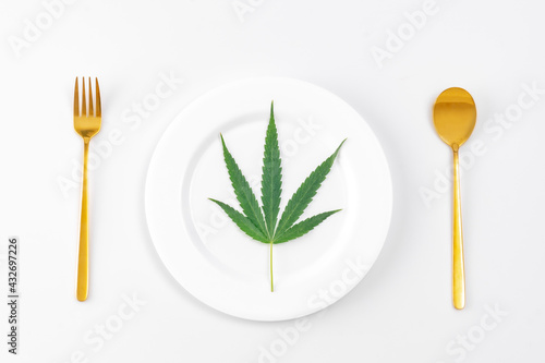Cannabis plant isolated on white background. Hemp leaf close up. Marijuana green leaf.