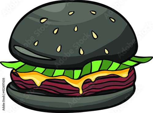 Hamburger with fresh tomatoes, lettuce leaf, grilled steak and sesame on bun. High calorie contain meal in black bread isolated cartoon flat vector illustration. Vector illustration