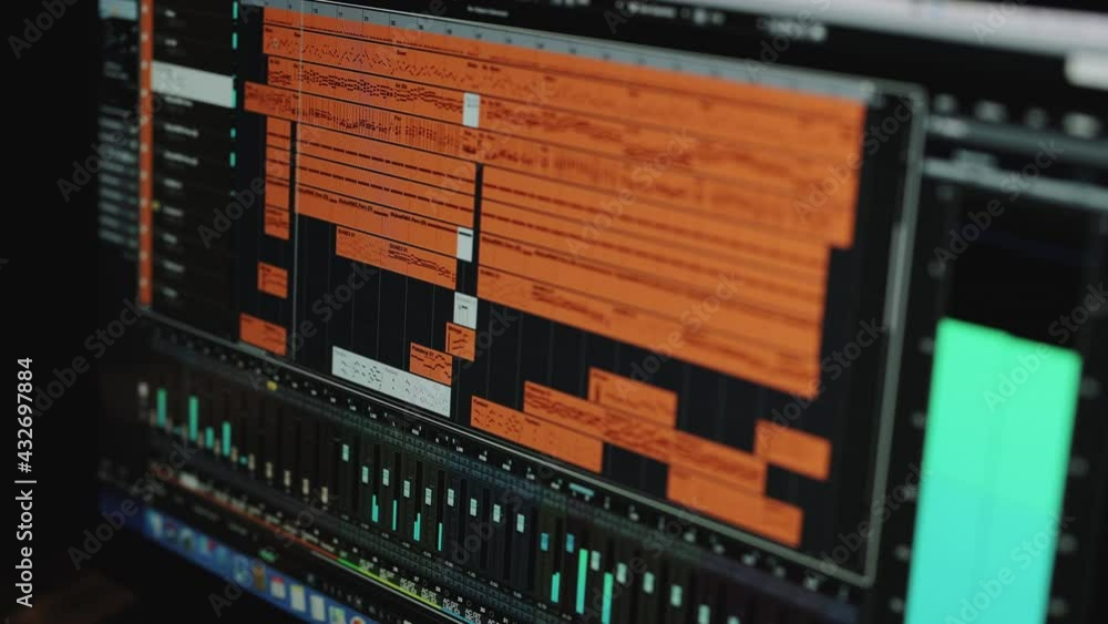 Sound engineer working at music studio with monitors and equalizer mixing gear on screen. Music engineer mixing and mastering tracks. Process of recording editing sounds songs monitor screen