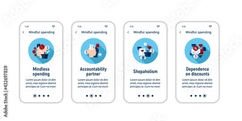 Mindful spendings onboarding mobile app screens. Thoughtful shopping. Conscious buying steps menu. Set of UI, UX, web template with RGB color linear icons