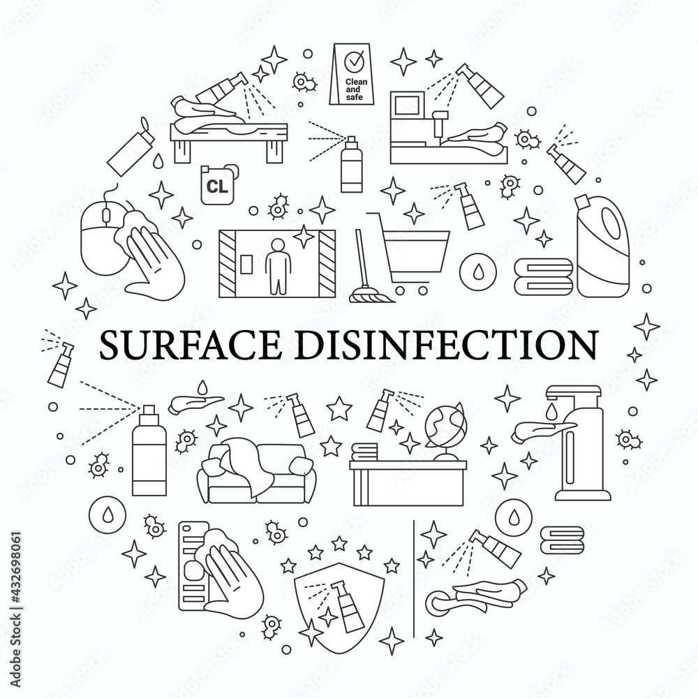 Surface disinfection circle poster. Home, public areas,transport hygiene, covid pandemic preventive measure instruction concept.Isolated vector template 
