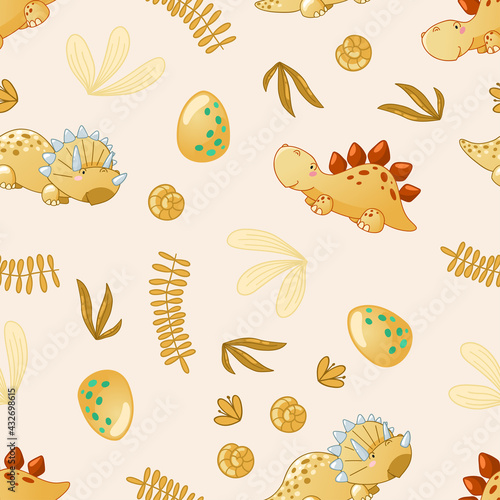 Seamless cute dinosaur pattern. Colorful dino background for kids. Childish vector design for textile and packaging, nursery wallpaper