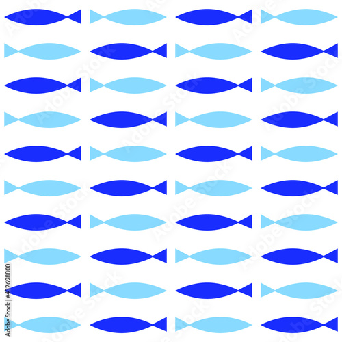 Seamless pattern with hand drawn blue fish. Vector illustration on the white background.  Backgroundfor prints  textile  fabric  package  cover  greeting card.