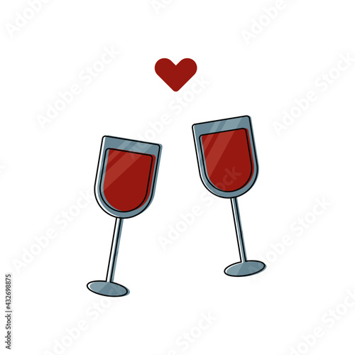 Vector illustration set icon with two wineglass of wine or other drinks and red heart