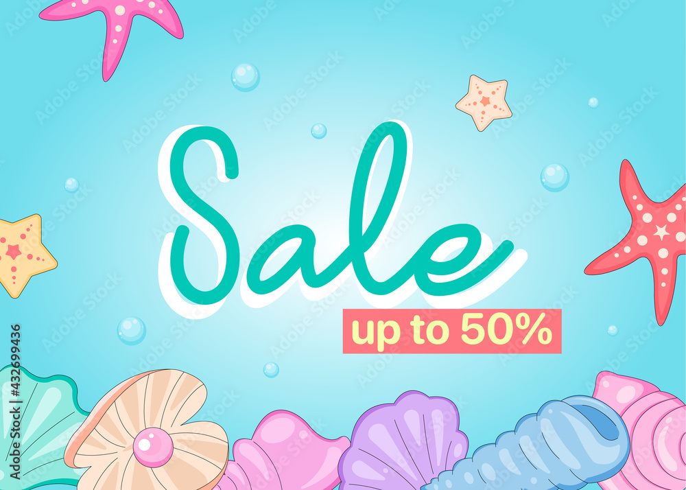 Summer sale web poster design layout. Ocean surface with seashells background design template for discount, coupon, offer for 50% off. For poster, banner, flyer. Starfish, pearls, shells in water.