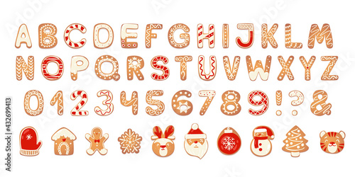 Christmas gingerbread cookies alphabet with figures. Biscuit letters, characters for xmas messages and design. Vector illustration with decorations.