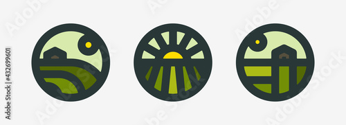 Farm logo mark template or icon of rural landscape with sun and field. Set of modern geometric emblems or badges for natural agriculture, organic food industry or harvesting campaign