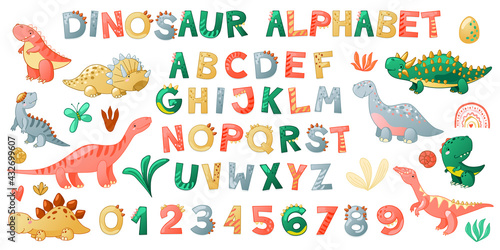 Fototapeta Naklejka Na Ścianę i Meble -  Cartoon cute Dinosaur alphabet. Dino font with letters and numbers. Children Vector illustration for t-shirts, cards, posters, birthday party events, paper design, kids and nursery design