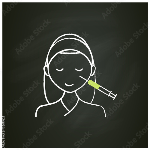 Cosmetic injection chalk icon.Woman doing injection under eyes, around eyes. Surgery. Full syringe. Beauty cosmetic procedure concept. Isolated vector illustration on chalkboard
