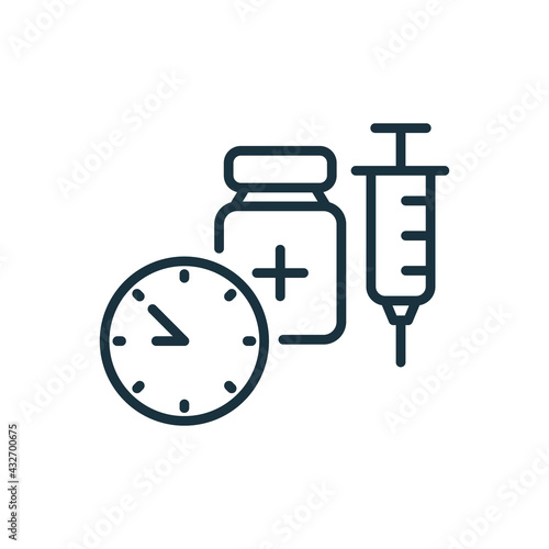 Time to Vaccinate line icon. Syringe with Vaccine, Clock. Vaccine for Influenza, Coronavirus. Syringe, Bottle of Vaccine icon. Vaccination against Coronavirus. Editable Stroke. Vector illustration