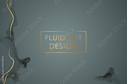 Modern watercolor background or elegant card design for birthday invite or wedding or menu with abstract gray ink waves and golden splashes.