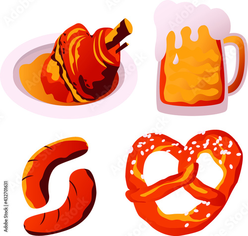  tradition bavarian food. vector illustration with  pork knuckle,beer,sausages,pretzel for oktoberfest
