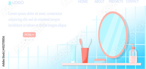 Template for a website, online store, or website about interior design and bathroom accessories. The mirror shelf and bathroom accessories are hidden in the apartment. The concept of interior design.