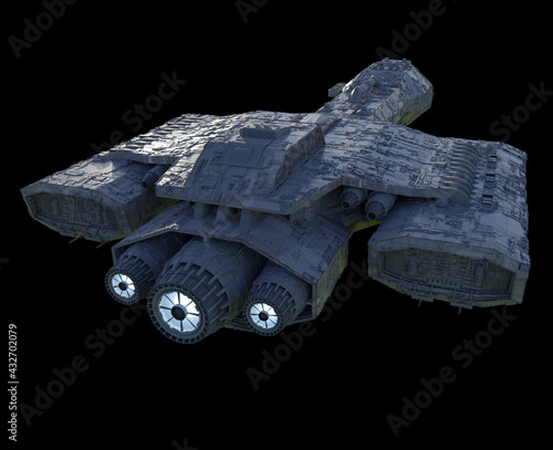 Fotografia Spaceship on Black with Glowing White Engines, 3d digitally rendered science fic