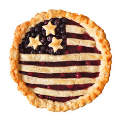 Patriotic American flag pie with cherries and blueberries. Top view isolated on a white background. Fourth of July food concept.
