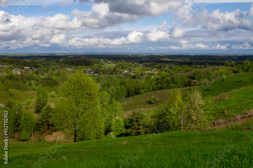 Ukrainian village, spring hills, houses and forest