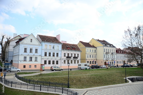 MINSK, BELARUS - APRIL 15, 2019: Traetskae Pradmestse (Trinity Suburb) - historical center of Minsk with the river Svisloch photo