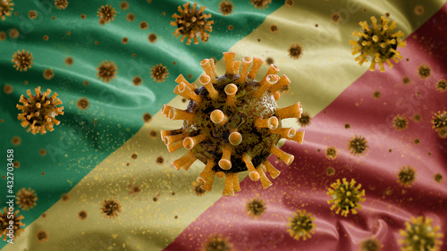 3D, Congolese flag waving with Coronavirus outbreak. Republic of Congo Covid 19