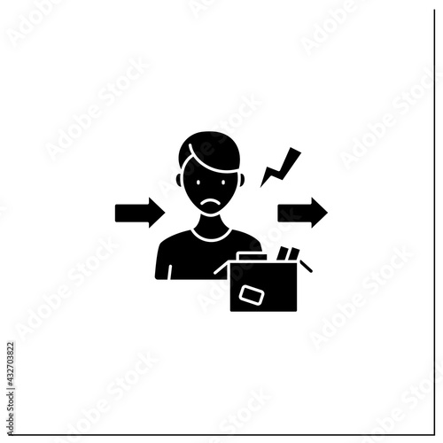 Fired glyph icon. Dismiss worker from job. Upset man lost job. Staff reduction.Unemployment concept. Filled flat sign. Isolated silhouette vector illustration