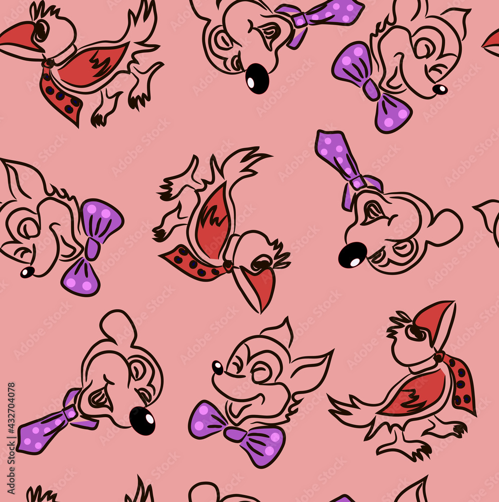 bright seamless pattern with funny laughing animals in ties for gift decoration