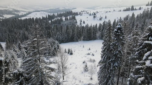 Aerial winter view of Konyavska mountain near Viden Peak,