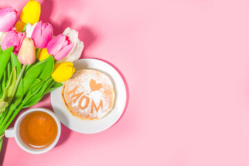 Mothers day Brunch restaurant invitation concept. Various Moms Womans Day Menu background, with traditional breakfast and lunch food and drink set, with flowers on sunny pink background