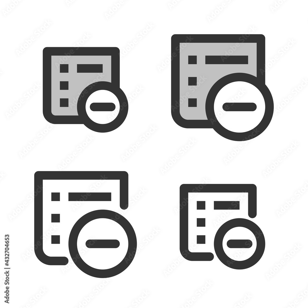 Pixel-perfect linear icon of deleting bulleted list built on two base grids of 32x32 and 24x24 pixels. The initial base line weight is 2 pixels. In two-color and one-color versions. Editable strokes Pixel-perfect linear icon of deleting bulleted list built on two base grids of 32x32 and 24x24 pixels. The initial base line weight is 2 pixels. In two-color and one-color versions. Editable strokes