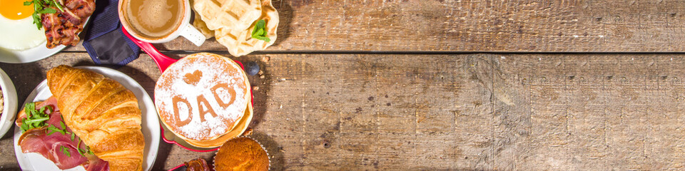 Fathers day Brunch restaurant invitation concept. Various Daddy Man Day Menu background, with traditional breakfast and lunch food set, with tie on sunny wooden background