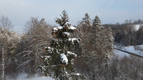 Flying drone in winter landscape