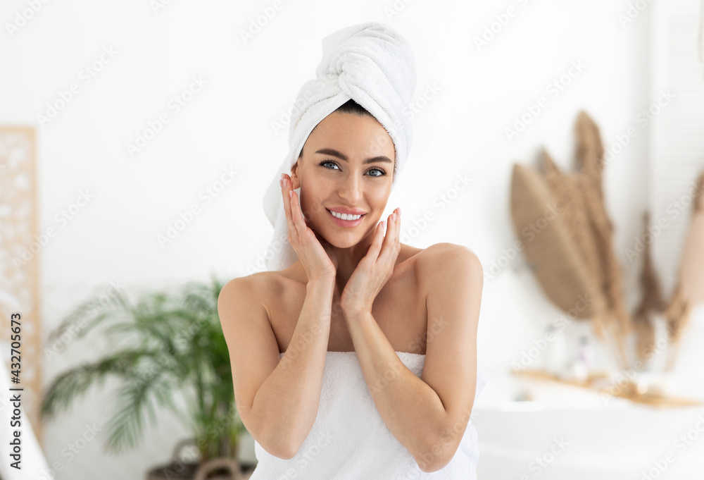 Care of nature beauty after shower in morning, spa treatments at home during covid Care of nature beauty after shower in morning, spa treatments at home during covid