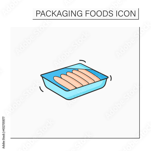 Sausages color icon. Meal in plastic box. Portion control, protection, tampering resistance from bacteria. Packing foods concept. Isolated vector illustration