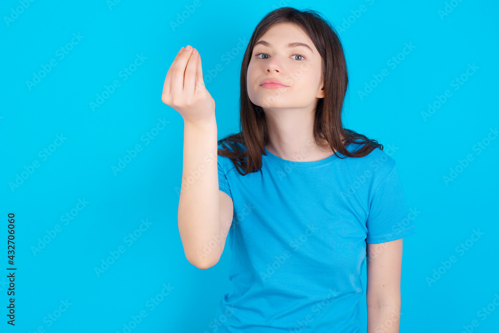 young beautiful Caucasian woman wearing blue T-shirt over blue wall Doing Italian gesture with hand and fingers confident expression young beautiful Caucasian woman wearing blue T-shirt over blue wall Doing Italian gesture with hand and fingers confident expression