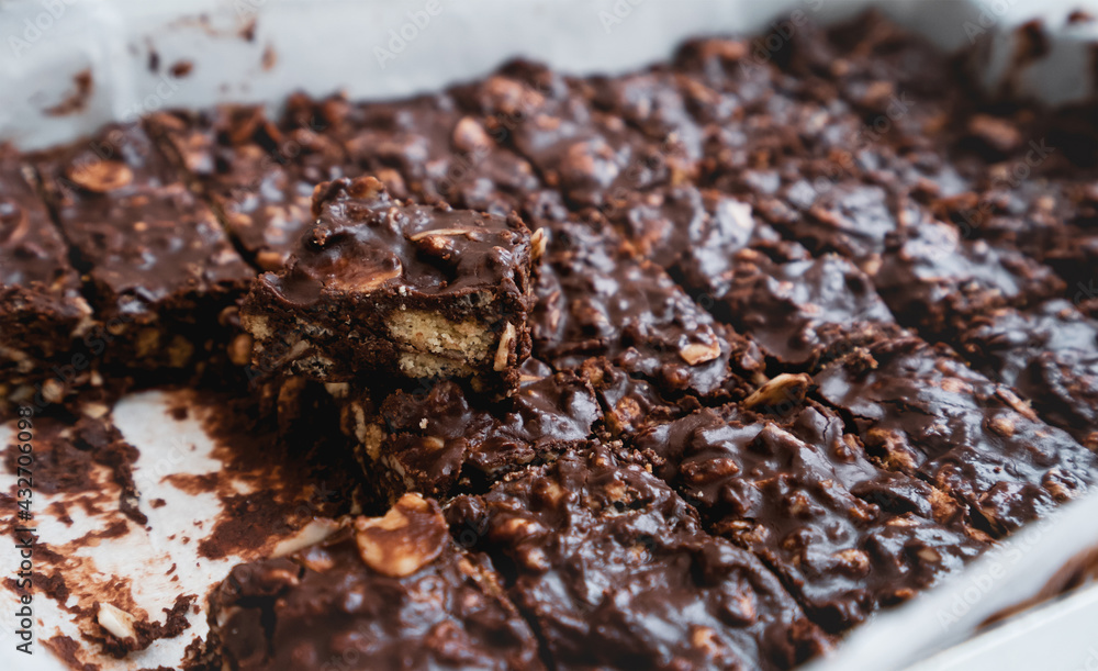 Chocolate cake with nuts on tray, Top view slices Homemade Nutty Crunch dark chocolate, Concept for World chocolate day Chocolate cake with nuts on tray, Top view slices Homemade Nutty Crunch dark chocolate, Concept for World chocolate day