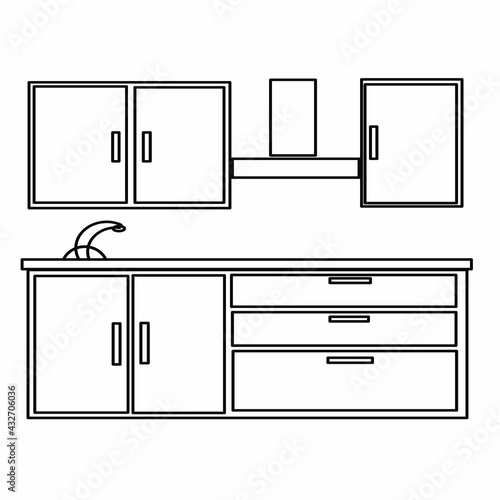 Kitchen, kitchen set, storage space for dishes, washbasin, extractor hood, dishwasher. Part of a set of furniture and interior accessories. Isolated vector objects.