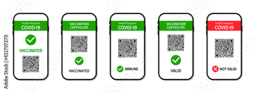 Vaccine passport in smartphone screen. Certificate of vaccine and immune from covid in phone app. Health passport on digital screen with qr code for control and check of safety from covid-19. Vector