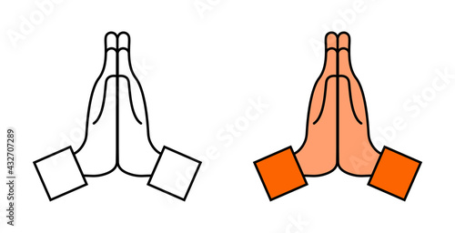 Hand with pray. Icon of namaste. Emoji for thank, sorry, please. Hand of prayer. Emoticon of hope in pray. Folded together hands for faith, church, honest. Emotion of begging. Cartoon symbol. Vector
